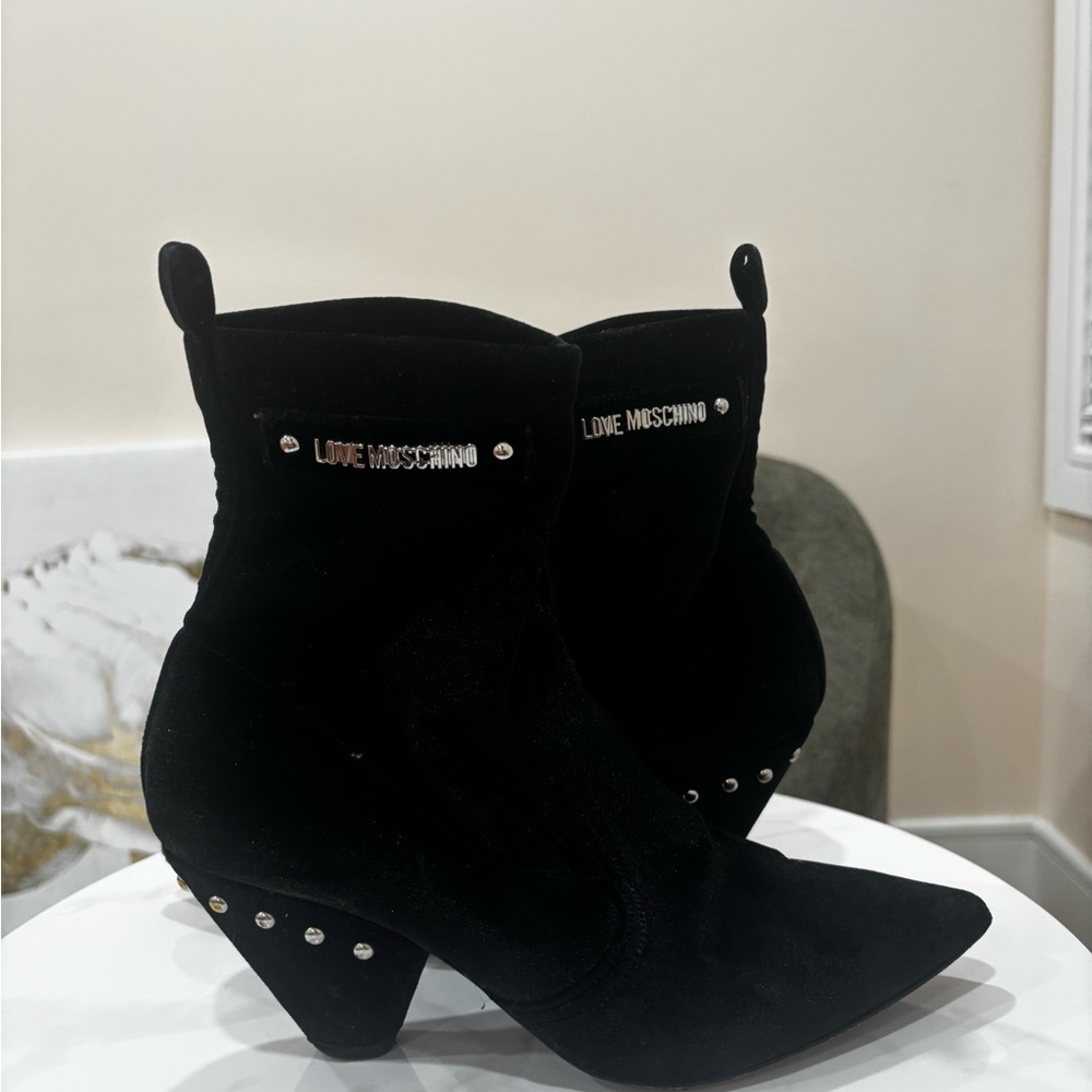 Love Moschino Black Heeled Boots with Silver Accents